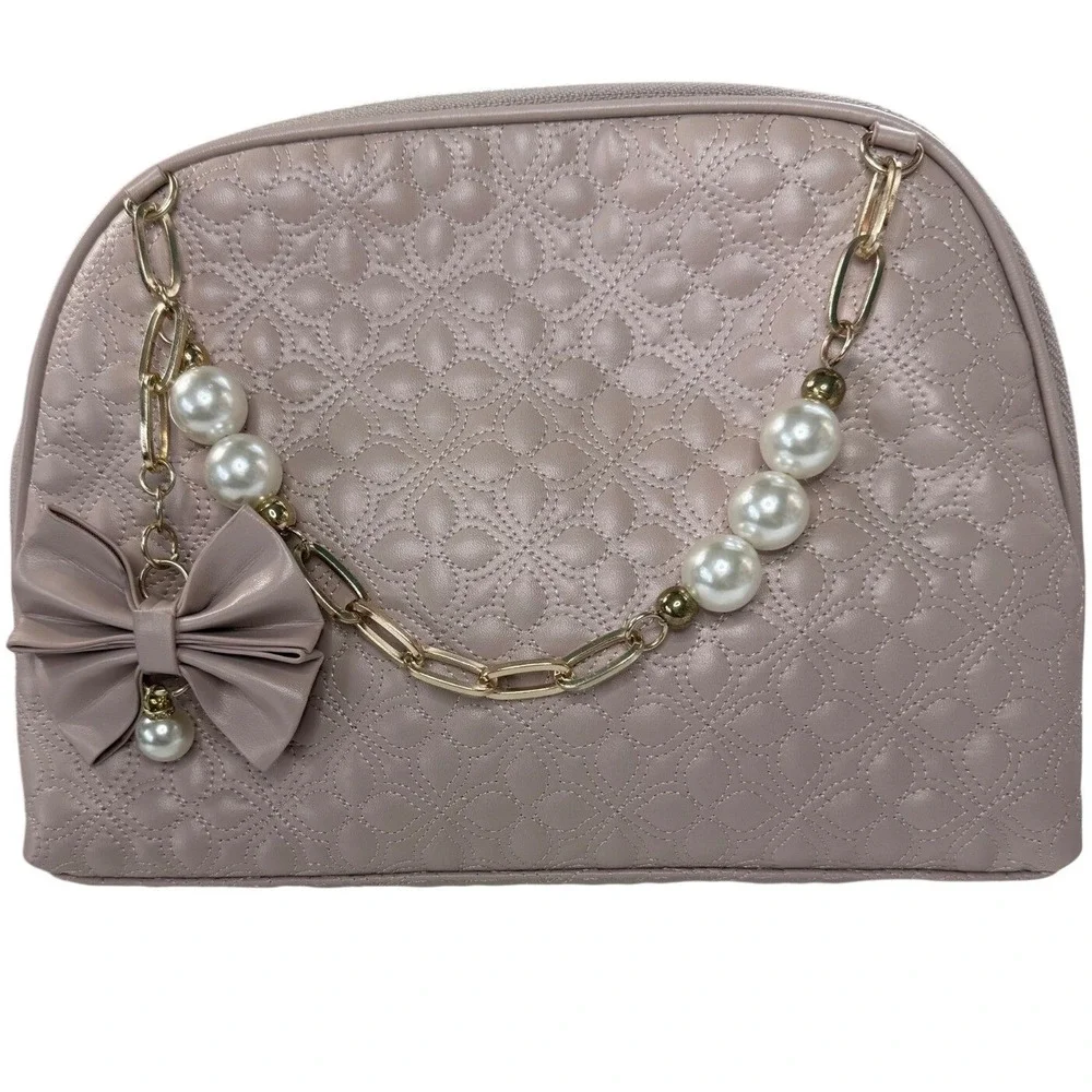 Vince Camuto Blush‎ Pink Quilted Makeup Bag Pearl Chain Bow Vanity Case NWT